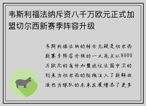 韦斯利福法纳斥资八千万欧元正式加盟切尔西新赛季阵容升级